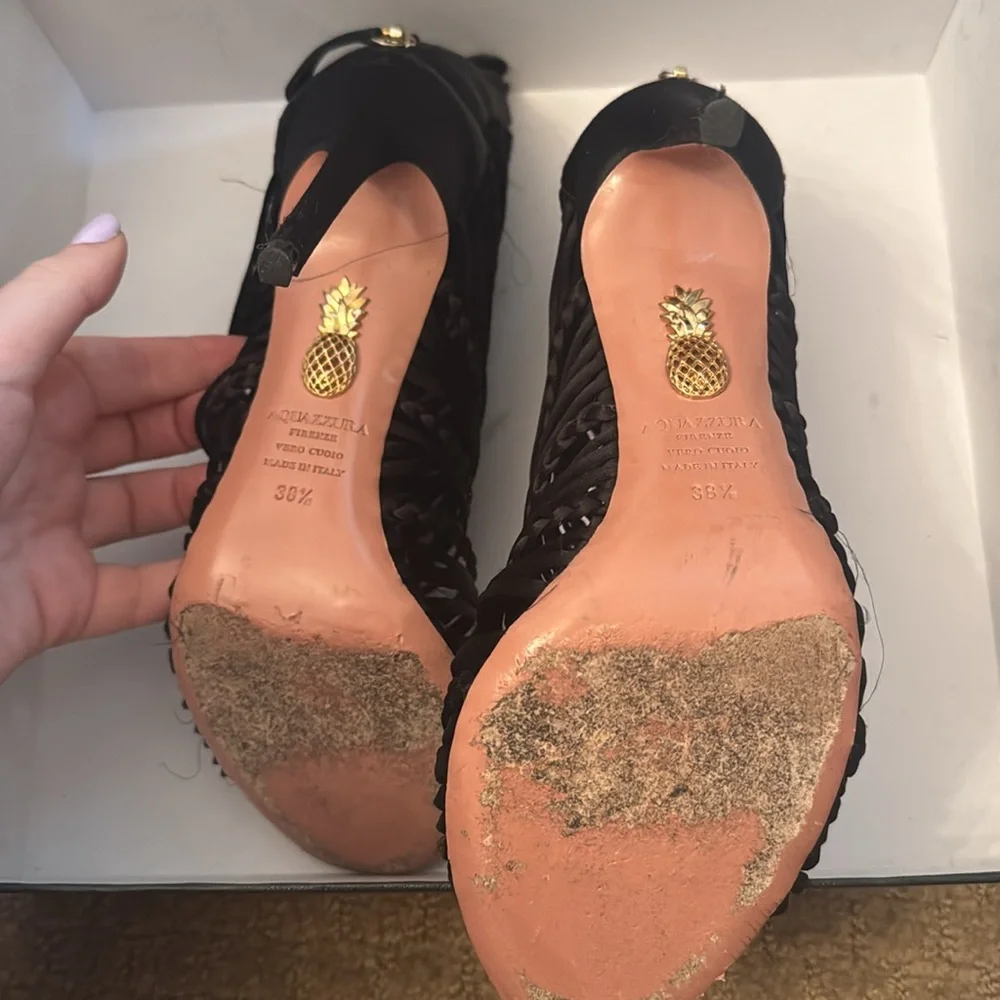 Aquazzura Goddess Sandal Black Satin Stiletto Heels with Strappy Design - Picture 3 of 4